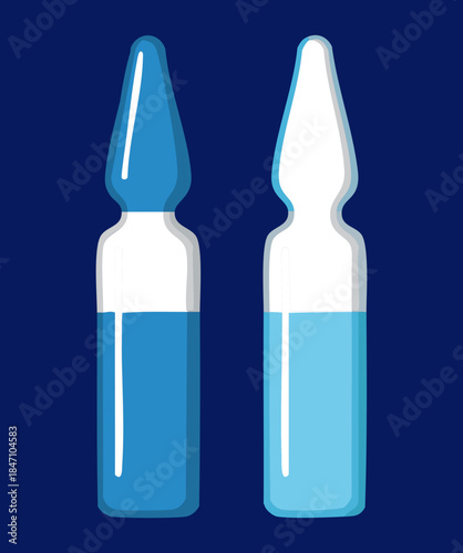 Two blue glass ampules for medical vaccine injection and pharmaceutical healthcare therapy for clinic and hospital professional use
