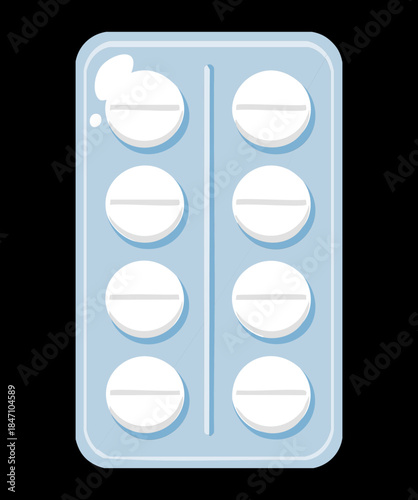 Medical blister pack with eight round white pills for pharmaceutical healthcare and pharmacy medicine treatment and drug delivery