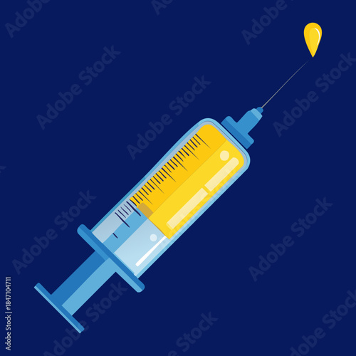 Medical syringe with yellow liquid vaccine and a droplet for immunization and health vaccination program awareness design