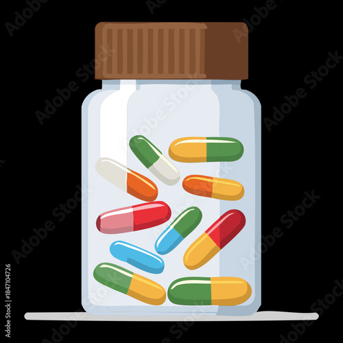 Glass medicine jar filled with various colorful antibiotic capsules and pills for pharmacy and healthcare medical supply icons