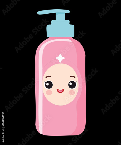 Minimalist pink pump bottle with kawaii eyes and sparkles for feminine beauty product and skincare branding asset Vector Illustration