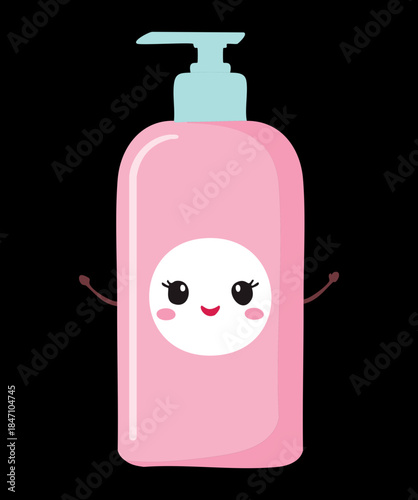 Adorable pink cosmetic bottle with happy face and tiny hands for children skin care product marketing material Vector Illustration
