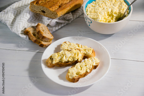 Sandwich with egg and delicious whole grain baguette with sesame seeds. Nutritious breakfast concept