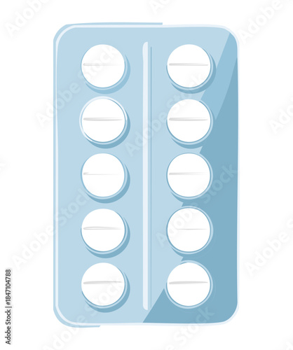 Vertical blister pack with white round medical pills for daily healthcare treatment and pharmaceutical pharmacy drug supply
