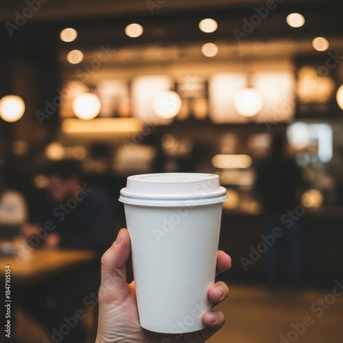 Hand holding coffee cup in cafe