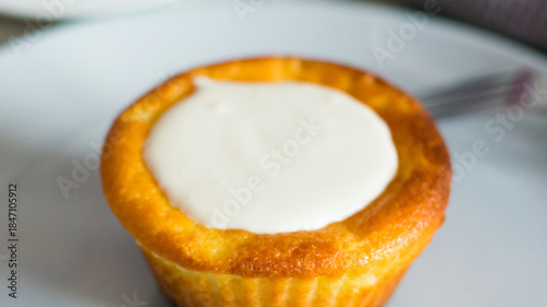 Delicious cheesecake with sour cream on a plate. Breakfast concept for the family