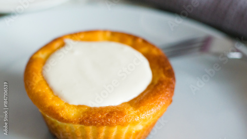 Delicious cheesecake with sour cream on a plate. Breakfast concept for the family