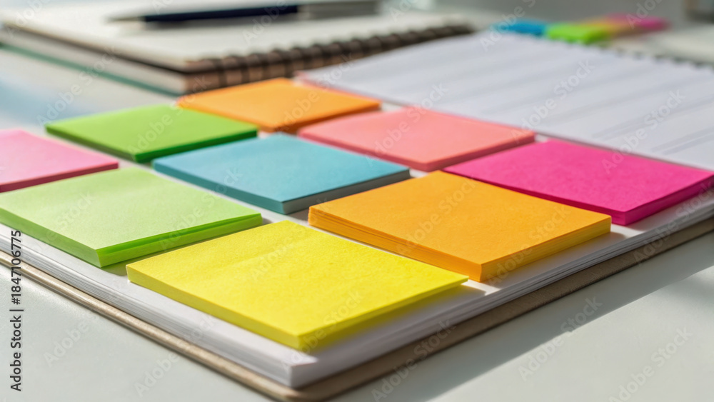 Fototapeta premium Colorful sticky notes neatly arranged on desk, creating organized and vibrant workspace