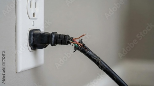 Damaged electrical cord with exposed wires is plugged into a wall outlet, showcasing the importance of electrical safety and maintenance in home environments