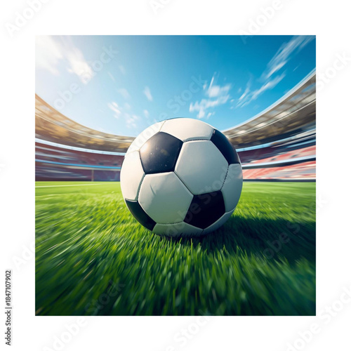 Soccer ball on green field with stadium background