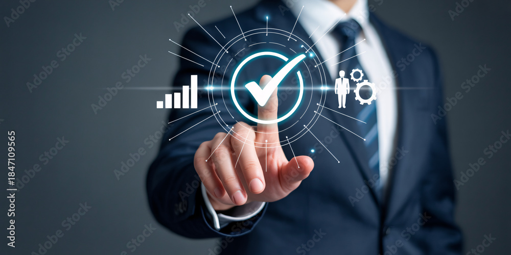 Fototapeta premium Businessman interacting with futuristic interface in dark office