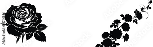 Two Black Silhouettes of a Rose and a Floral Branch on White