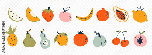 Fruit collection in flat hand drawn style, illustrations set. Tropical fruit and graphic design elements. Ingredients color cliparts. Sketch style smoothie or juice ingredients.