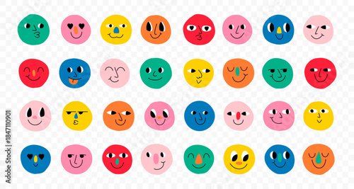 Round abstract comic Faces with various Emotions. Crayon drawing style. Different colorful characters. Cartoon style. Flat design. Hand drawn trendy Vector illustration. Every face is isolated