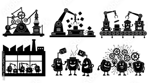 Two smiling men, one holding a plant sprout, stand next to a factory with smoke stacks, representing agricultural and industrial processes and sustainable development