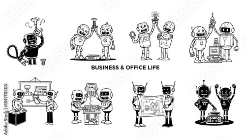 Business and office life with robots depicts teamwork collaboration and innovation in professional environment showcasing artificial intelligence in workplace