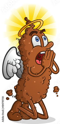 Holy poop cartoon character praying with angel wings and a halo, an literal illustration of a popular phrase that people say when something goes wrong, funny joke vector illustration