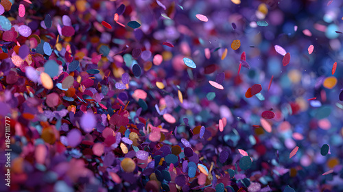A festive and colorful party with flying neon confetti on a purple, red and blue background