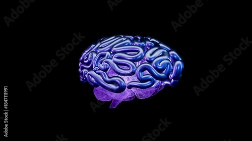 Animated artificial intelligence brain, glowing neural network with digital connections. Futuristic AI concept, machine learning, deep learning, data processing, innovation, technology background. Hig