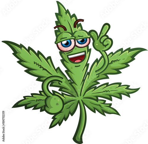 marijuana pot leaf cartoon character with a cool attitude and bloodshot red eyes smoking a fat doobie joint with his hand pointing for an lecture