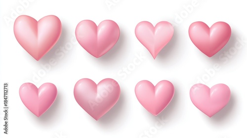 Set of pink hearts in vector style, icons in different shapes for design projects. Romantic collection. Love, romance, heart art symbols. 