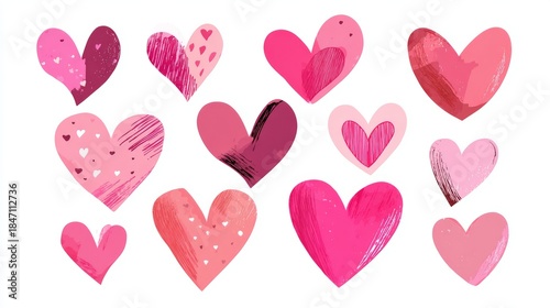 Set of pink hearts in vector style, icons in different shapes for design projects. Romantic collection. Love, romance, heart art symbols. 