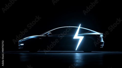 Silhouette of electric car with bolt icon, symbol of eco-friendly vehicle concept.
