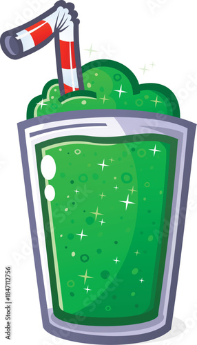 A cool lime ice slushy refreshment on a hot summer day, lime flavored ice drink with a big striped straw in a clear glass, glistening in the summer heat