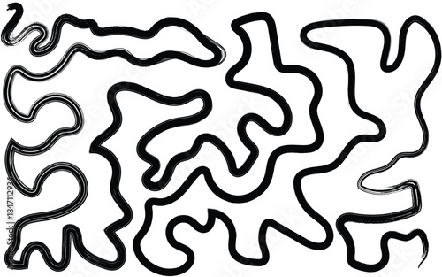 Hand painted black brush stroke line shapes on transparent background, bold minimal abstract vector design.