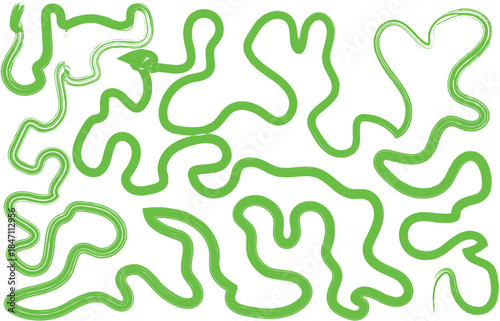 Hand painted green brush stroke line shapes on transparent background, organic abstract artistic vector design.
