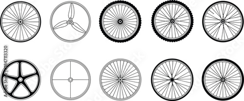 Assortment of Bicycle Wheels and Spokes in Black and White Line Art bike