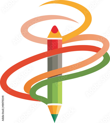 Colorful pencil with swirling rings in abstract