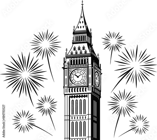Big Ben clock tower with fireworks illustration on white background Keywords: Big Ben, London, clock tower, architecture