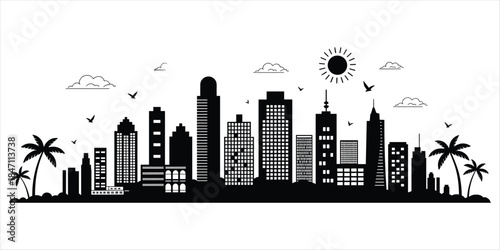 City Skyline Silhouette with Palm Trees Sun Clouds and Birds Keywords: city, skyline, silhouette, urban, cityscape, buildings