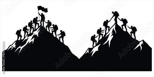 Mountain Climbing Team Silhouettes Reaching Summit With Flag On White Background mountaineering peak