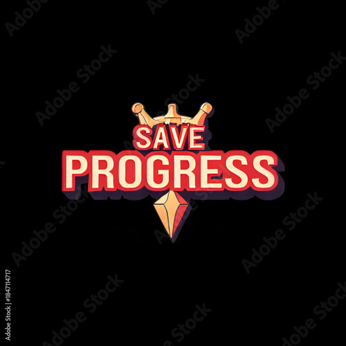 Save Progress Gaming Icon. Retro Style Text with Crown and Gem on Dark Background.