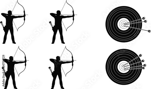 Silhouette archers aiming bows and arrows at targets on white background Keywords: archery, archer, bow, arrow, target, sport