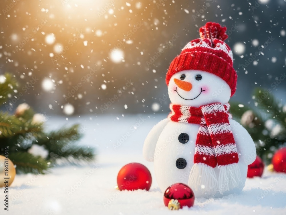 Fototapeta premium A cheerful snowman wearing a red hat and scarf standing in a snowy landscape with christmas trees and ornaments around it