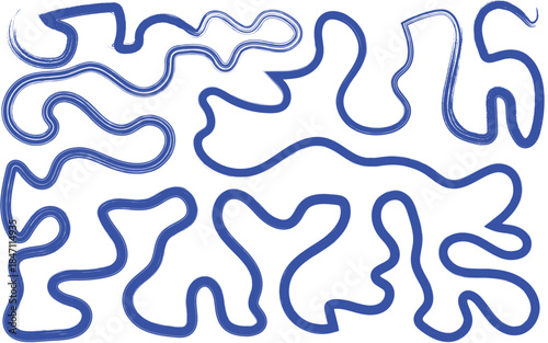 Hand painted blue brush stroke line shapes on transparent background, fluid abstract artistic vector artwork.