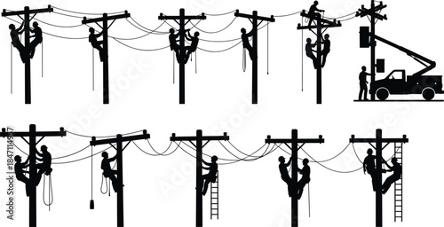 Silhouette of linemen working on utility poles with a bucket truck lineman electricity