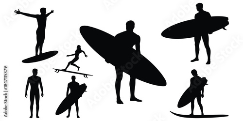 Silhouettes of surfers and surfboards in various poses on a white background surfing wave