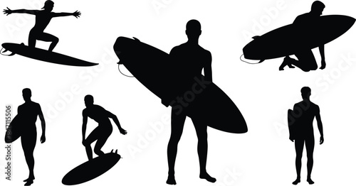 Surfer Silhouettes With Surfboards On White Background surfing ocean