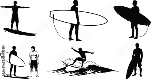 Surfing Beach Lifestyle Icons Silhouette Collection surfer surfboard