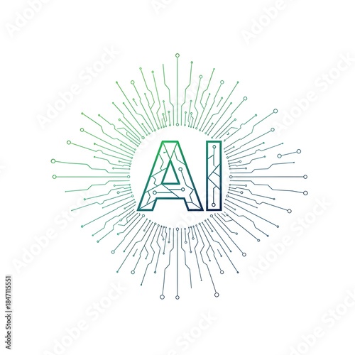 Abstract Artificial Intelligence (AI) concept with circuit board lines and nodes, symbolizing machine learning and future digital technology.