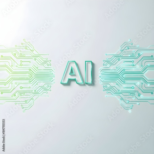 Futuristic AI concept with glowing circuit board patterns representing artificial intelligence technology and digital communication on a clean white background.