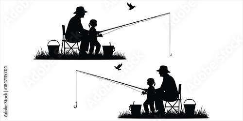 Two Silhouettes of Father and Child Fishing with Buckets and Birds on White Background Keywords: fishing, father, child