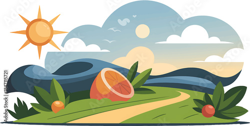 Cartoon vector illustration of a summer nature landscape featuring a lush green meadow with flowers, rolling hills, a mountain, and a colorful rainbow across a sunny blue sky with clouds
