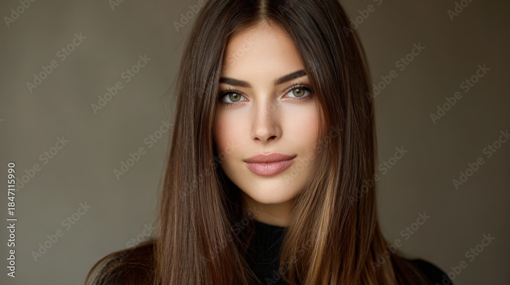 Fototapeta premium Beautiful young woman with long brown hair and captivating green eyes posing confidently against a soft neutral background in natural light