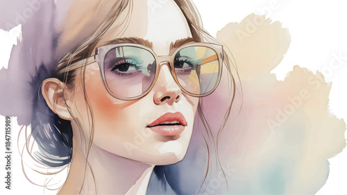 Watercolor portrait of a stylish woman wearing eyeglasses