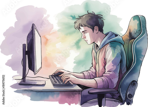 Watercolor illustration of a person focused on a computer screen